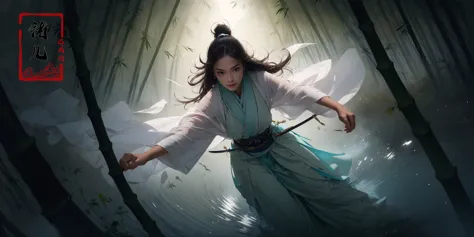 to shoot from above.  art by zao wou-kiextreme close - up, focus on face, a woman in white hanfu, wearing a white transparent ...