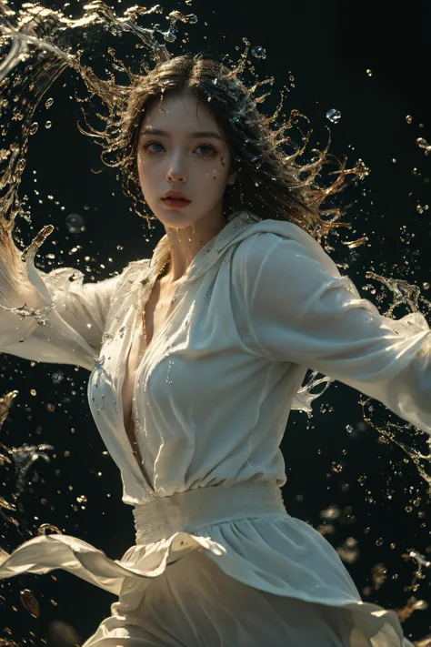 arafed woman in white dress in water splashing with her hair