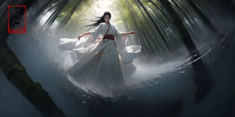 to shoot from above.  art by zao wou-kiextreme close - up, focus on face, a woman in white hanfu, wearing a white transparent ...