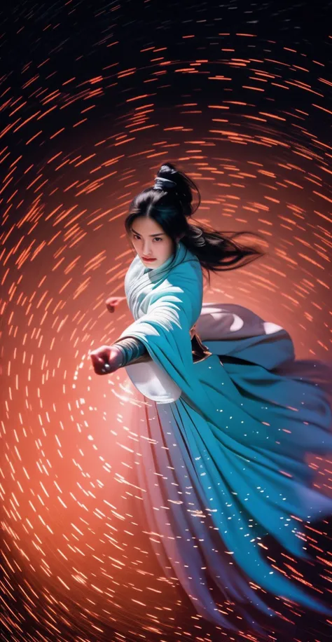 from above,(super wide Angle),motion blur,A Chinese woman uses Qing Kung to fly in the (starry sky) and Her hands are burning wi...
