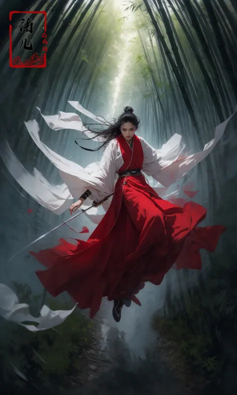 To shoot from above.  art by Zao Wou-kiextreme close - up, focus on face, A woman in red Hanfu, wearing a white transparent ve...