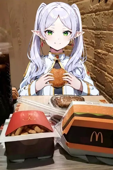 McDate_with_2D_Waifu, smile, looking at viewer, ((masterpiece,best quality)), aafrie, long hair, white hair, twintails, pointy ears, earrings, green eyes, thick eyebrows, white capelet, striped shirt, long sleeves, 