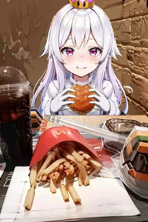 anime girl eating a hamburger and fries at a fast food restaurant