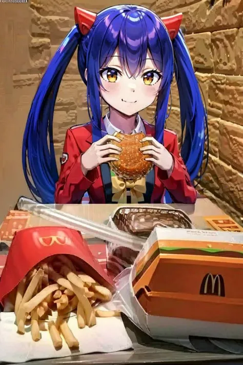 anime girl eating a hamburger and fries at a table