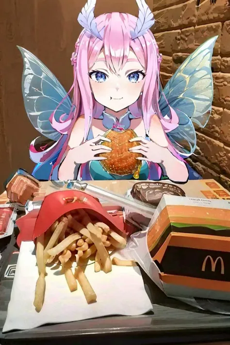 anime - style cutout of a fairy eating a burger and fries