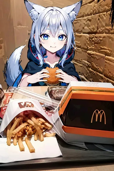 anime character sitting at a table with a hamburger and fries