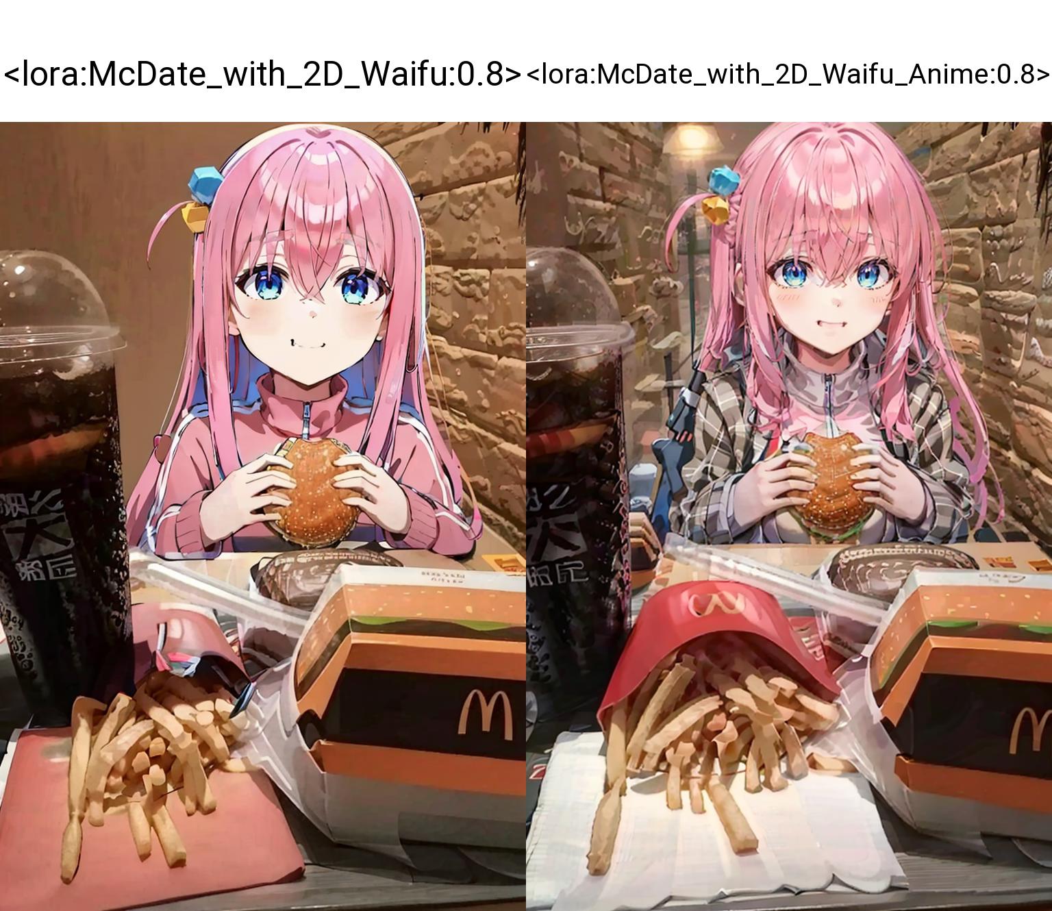 Anime girl eating a hamburger and fries at a fast food restaurant - SeaArt  AI