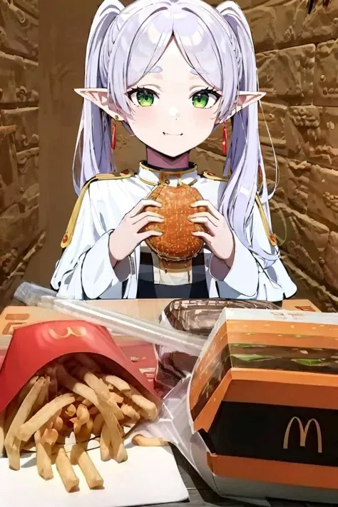 anime girl eating a hamburger and fries at a mcdonalds