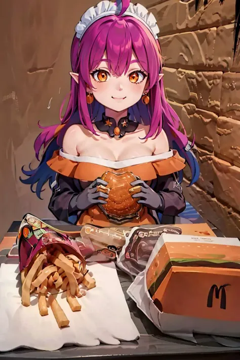 anime girl with purple hair sitting at a table with a hamburger and fries