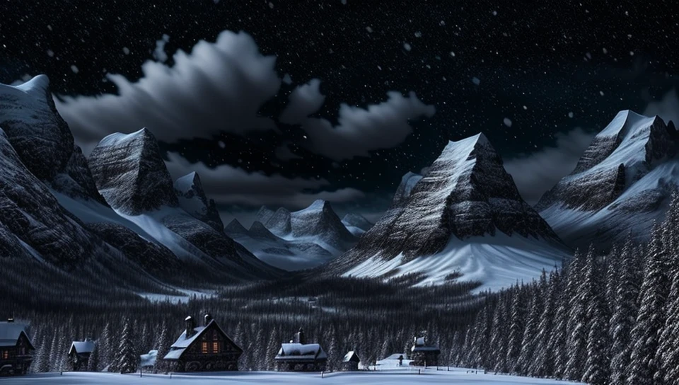 snowy fantasy landscape, dark night, black, 
