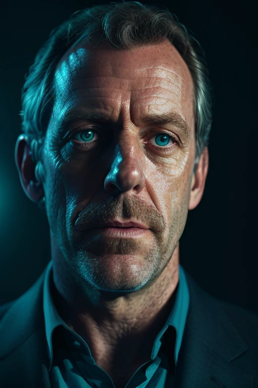 retrato de uma foto premiada de Hugh Laurie posando em um estúdio escuro, (iluminação de aro,:1.4) iluminação em dois tons, foco nitído, tom verde-azulado, octano, irreal, mal iluminado, sutil,  