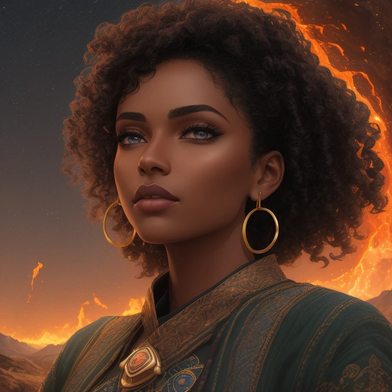 portrait, A landscape where the sky is made of fire and the ground is made of water, Miss, Average Height, Skinny, Triangular Face, Dark Skin, Dark Brown Hair, Blue Eyes with Green Flecks, Short Nose, Pouty Lips, Receding Chin, Long Hair, Curly Hair, Donut Bun, augmented breasts, Hoop earrings, Digital Art, 