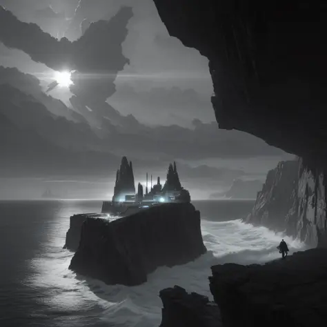 Monochromatic, Value, Geometric, Cyberpunk, accent light, backlight, main light, A dramatic cliffside with rough waters below, 