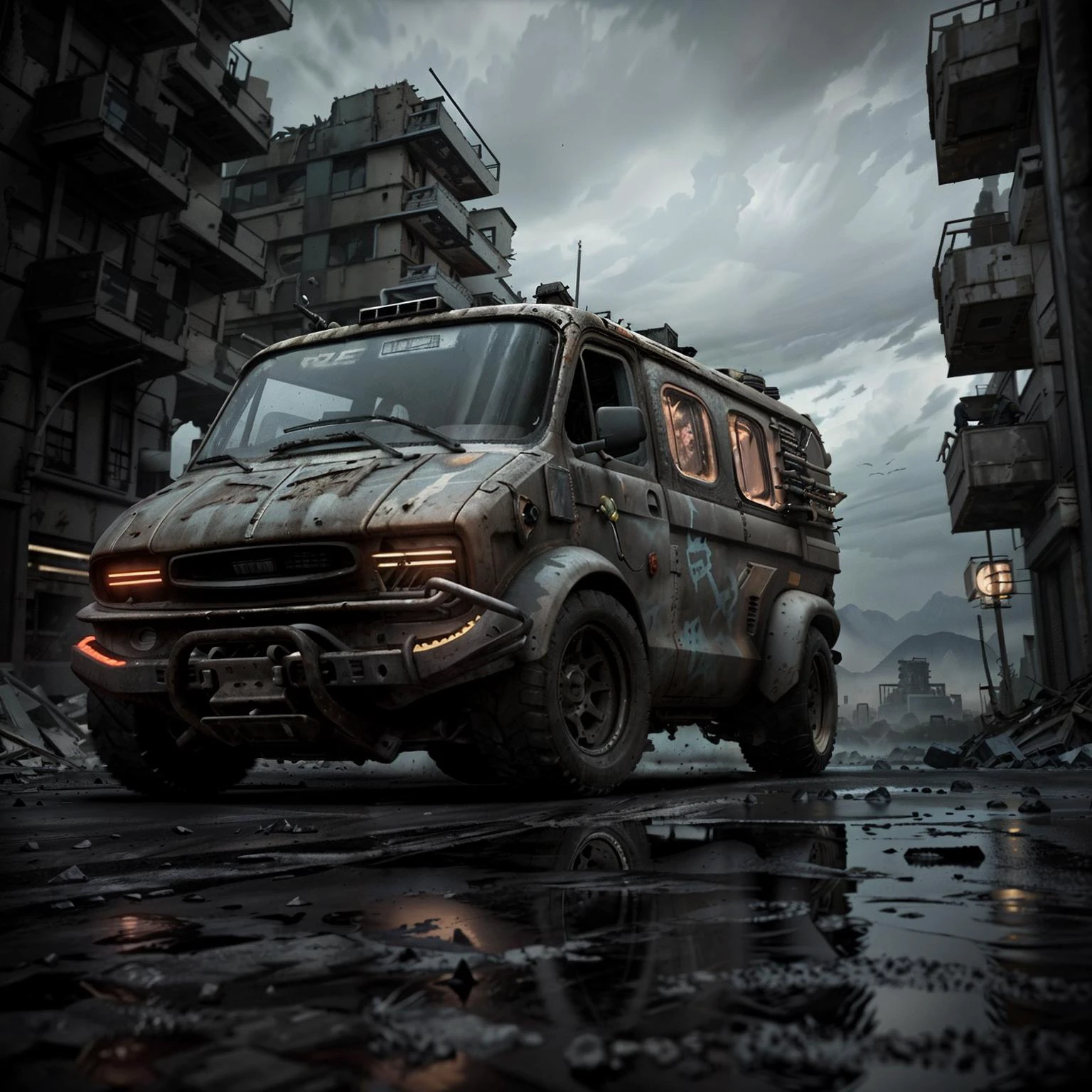 gopro shot of a (cyberpunk armored van) zeekars, 3/4 front view, wide angle action shot, post-apocalyptic, outdoors, night, road, destruction, urban decay, moonlight, full moon in background, masterpiece, photorealistic, 8k, high detail, dark theme, 