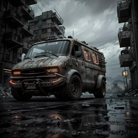 gopro shot of a (cyberpunk armored van) zeekars, 3/4 front view, wide angle action shot, post-apocalyptic, outdoors, night, road, destruction, urban decay, moonlight, full moon in background, masterpiece, photorealistic, 8k, high detail, dark theme, <lora:...