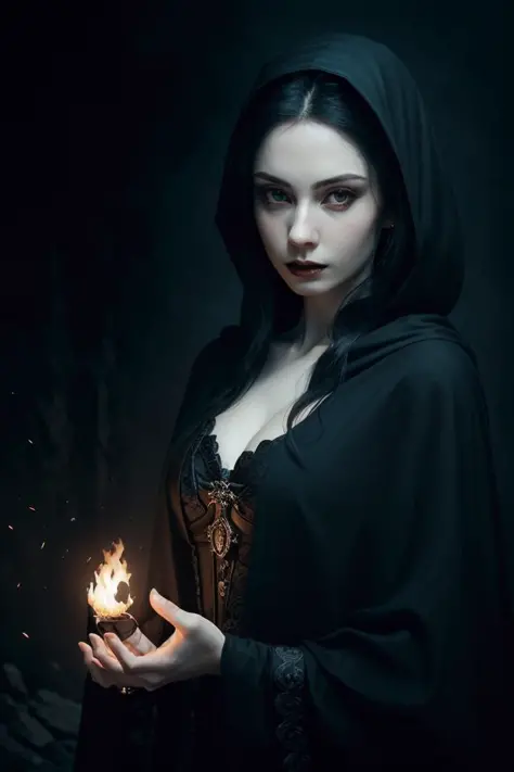 (8k, best quality, masterpiece:1.2), (realistic, photo-realistic:1.37), ultra-detailed, cinematic, fantasy world, above chest shot, beautiful woman holding a fireball on her palm, long black straight hair, dark makeup, dressed in a black cloak, (pale skin:...