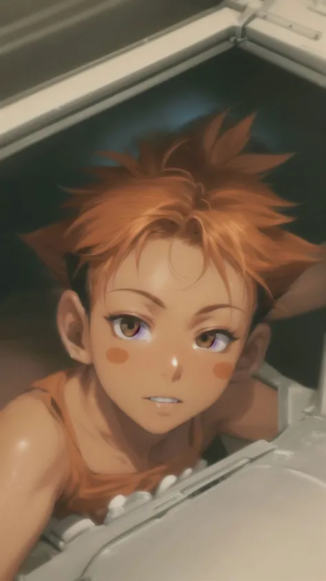 Edward,tan skin,tomboy,midriff,orange hair,(white loose shirt),off shoulder,spiked hair,barefoot,bike shorts,brown eyes,goggles on head,blush stickers,(grin:0.8),space station,engine room,(insanely detailed, beautiful detailed face, masterpiece, best quality) volumetric lighting,best quality,masterpiece,intricate details,tonemapping,sharp focus,hyper detailed <lora:Edward-06:0.8>,dynamic angle,from above,