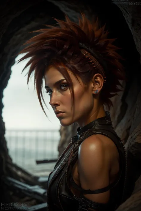 a woman with red hair and piercings standing in a cave