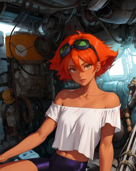 Edward,midriff,orange hair,white shirt,off shoulder,collarbone,dark skin,
bike shorts,goggles on,(goggles around eyes,),
space station,engine room,
upper body,sitting,
(insanely detailed, beautiful detailed face, masterpiece, best quality),<lora:EDWARDCBBB-10:0.8>,