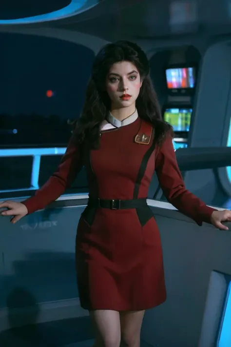 full body shot, photorealistic photo of Krloal, woman, stoic expression, skeptical expression, wearing a red star trek dress, st...