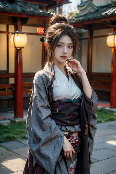 (masterpiece, top quality, best quality, official art, beautiful and aesthetic:1.2), absurdres:1.2, Kodak portra 400, (1 girl:1.3), (pale skin:1.2), brown eyes, purple curled hairdo, walking, (Hanfu, kimono:1.2), (Chinese garden, fractal art:1.2), Cowboy shot, 