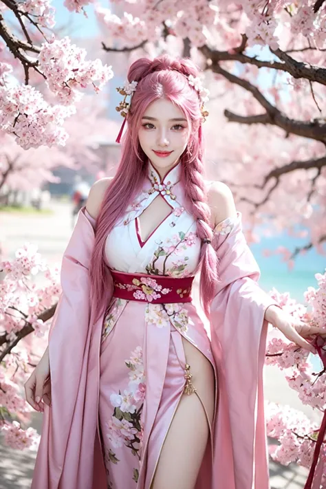 super haute résolution,Meilleure qualité,(seulement:1.4),4k,Yeux roses,1fille,pink cheveux,cheveux flower,pointu_oreilles,long cheveux,cheveux_ornement,vêtements chinois,sourire,regarde le public,cuisse,debout,cerise_fleurs,