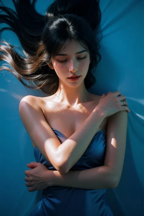 blue theme,in pool,1girl,closed eyes,sink,(hanfu:0.2),(floating),detailed light,