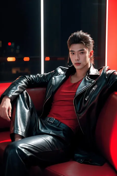 a very handsome young male gangster in a leather jacket of bold futuristic design. he is sitting on a plush sofa with his legs c...