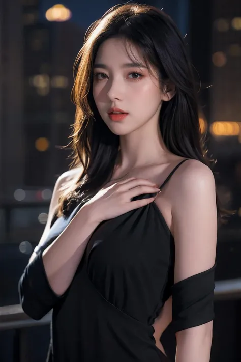 1girl,solo,realistic,lips,parted lips,half body,night,blurry background,hand on chest,