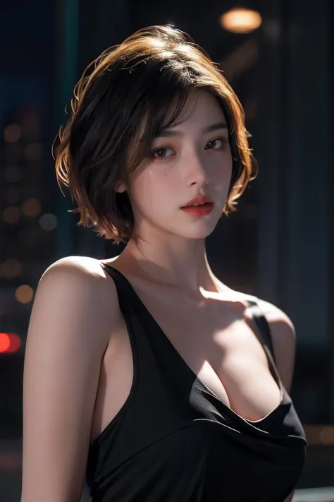 1girl,solo,short hair,realistic,lips,parted lips,half body,night,blurry background,hand on chest