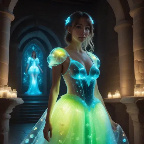 Hyperrealistic art female wearing  <lora:xl_n15g_aio_clothing-2.0:0.8> bioluminescent dress, in a castle, iluminated by candles,...