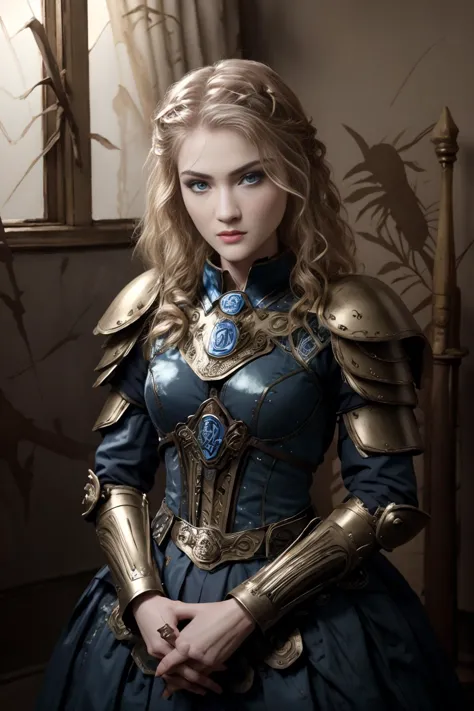 Horror-themed, wide angle, <lora:samurai style SD1.5:1.2>an epic cinematic photo of <lora:opt-skylersamuels2010s:1>opt-skylersamuels2010s in a legendary armor with perfect hands female samurai style, pale skin, blue eyes, blonde hair, dark eyebrows, Eerie, unsettling, dark, spooky, suspenseful, grim, highly detailed, mystical forest