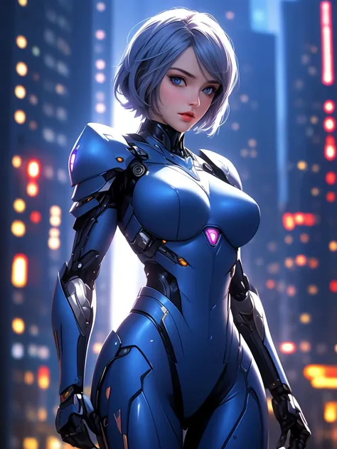 a woman in a futuristic suit standing in front of a city