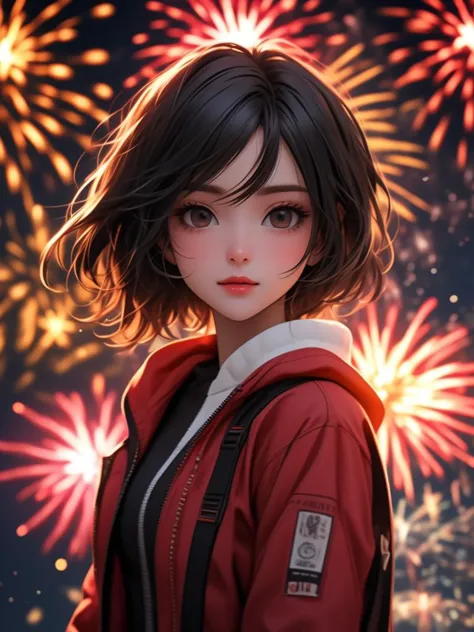 a girl with a red jacket and fireworks in the background