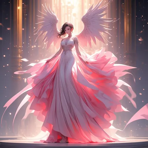 a woman in a long dress with wings standing in front of a light