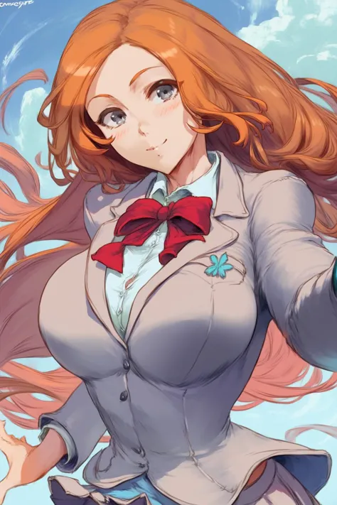 core_9, score_8_up, score_7_up,source_anime, large breasts, wide hips, looking at viewer, cowboy shot, dutch angle, <lora:inoue-orihime-ponyxl-lora-nochekaiser:1> inoue orihime, long hair, orange hair, grey eyes,skirt, bow, school uniform, jacket, blazer, grey jacket,dynamic pose, outdoors, smile, blush, upper body,, (cutesexyrobutts:0.8),