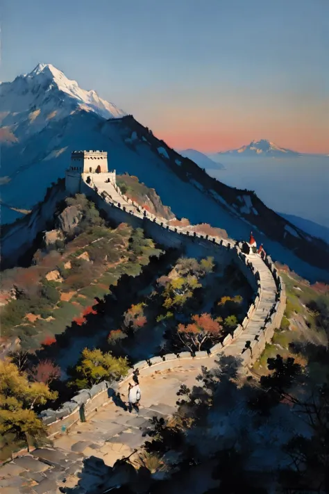 chinese ink painting,  masterpiece , best quality, mountainï¼ great wallï¼lake