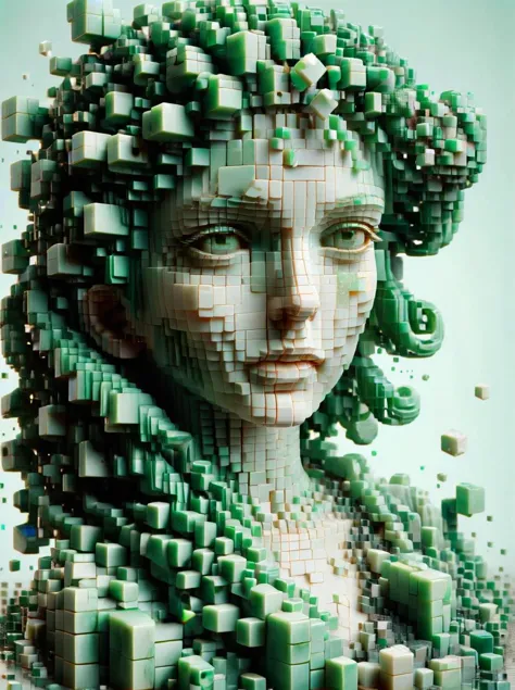 a close up of a woman made of green cubes