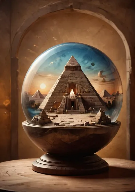 A  glass sphere sculpture, concealed inside the sphere, ((pyramid sphinx silhouette)), on dusk, clear sky inside, surreal, (ligh...