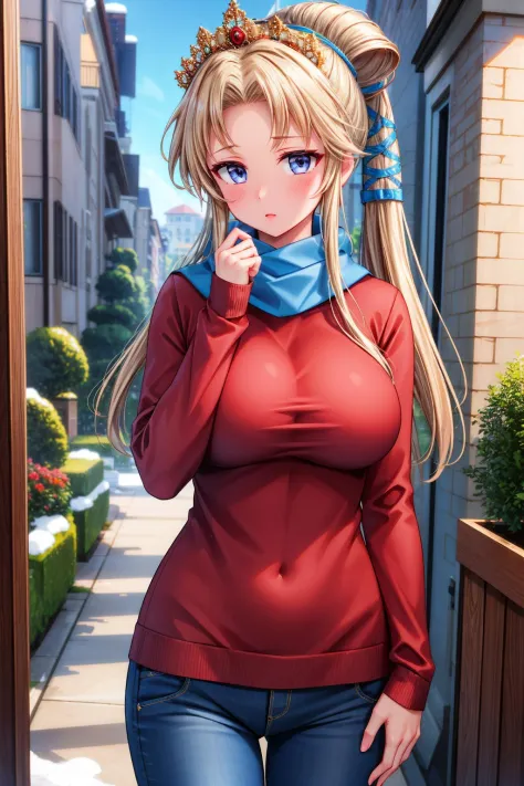 masterpiece, best quality,   <lora:nyna-nvwls-v1-000009:0.9> nyna, hair ribbon, crown, red sweater, scarf, jeans, winter, outdoors, looking at viewer, blush, large breasts