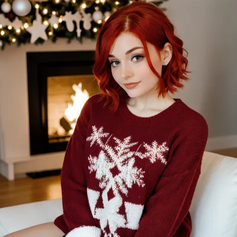 araffed woman sitting on a couch in front of a fireplace