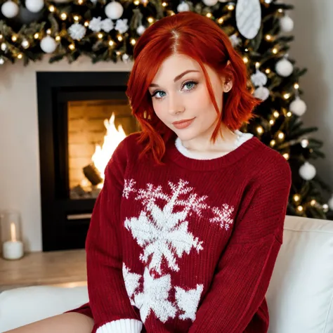 <lora:ricare_sd15_512_128_64_v1:1> ricare, 1girl short red hair, wearing a christmas sweater, christmas decoration in background...