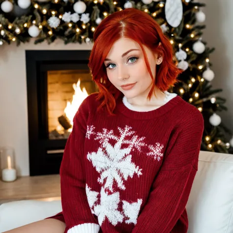 araffe red haired woman sitting on a couch in front of a christmas tree