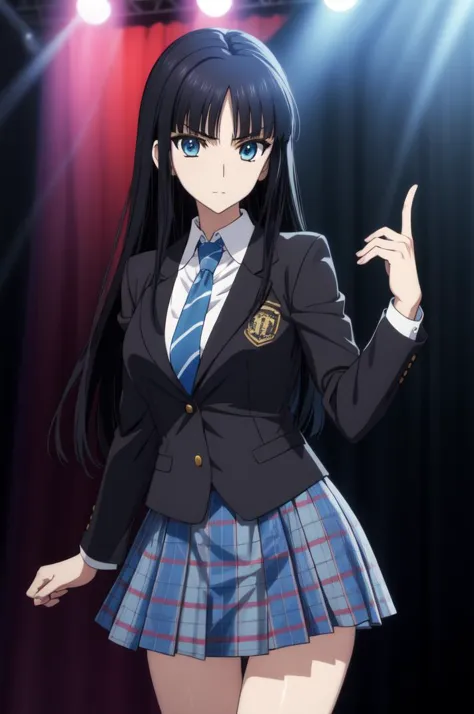 a woman in a school uniform is standing in front of a stage