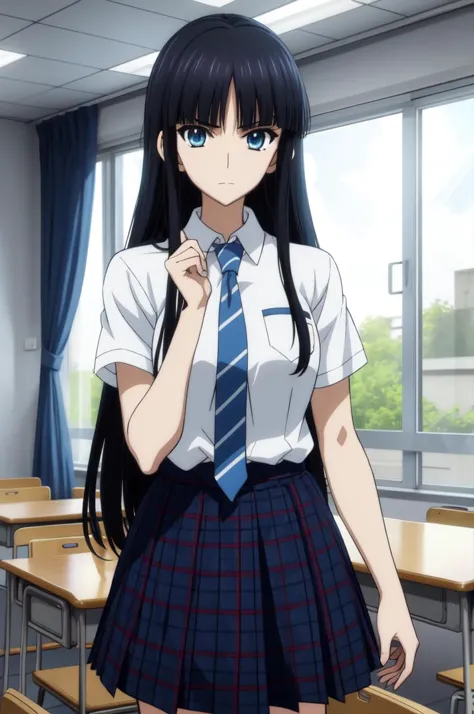 masterpiece, best quality, absurdres, Touma Kazusa <lora:Touma_Kazusa:0.8>, long hair, (black hair, blue eyes), school uniform, ...