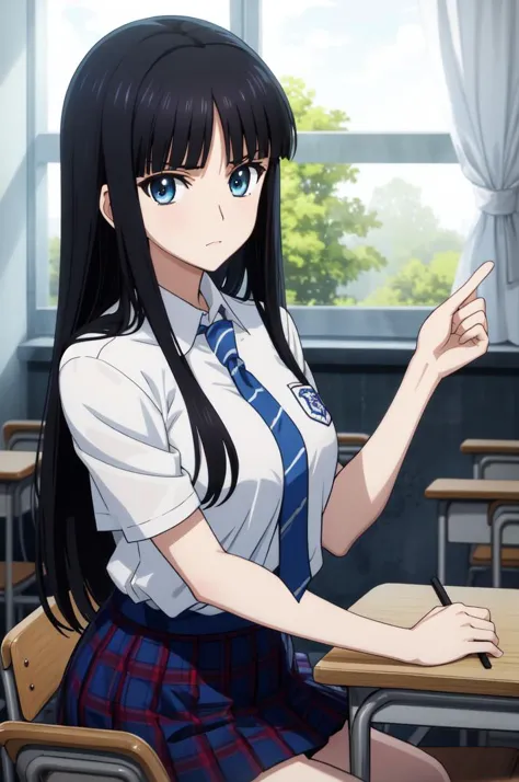 masterpiece, best quality, absurdres, Touma Kazusa <lora:Touma_Kazusa:0.8>, long hair, (black hair, blue eyes), school uniform, ...