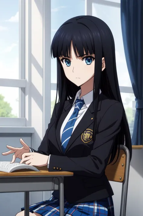 masterpiece, best quality, absurdres, Touma Kazusa <lora:Touma_Kazusa:0.8>, long hair, (black hair, blue eyes), (school uniform:...