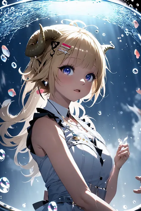 anime girl with blonde hair and blue eyes in a bubble