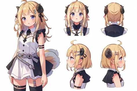 (masterpiece, best quality),  intricate details,
<lora:CHAR-WatameNF:0.8> WatameNightFever, long hair, ahoge, hairclip, sheep horns, sheep ears, white dress, sleeveless, arm band, thigh strap, black thighhighs
  reference sheet, simple background, 
 <lora:TailsFixer:1> IncrsTailsFixer, fox tail,  multiple tails