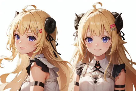 anime girl with long blonde hair and blue eyes in two different poses